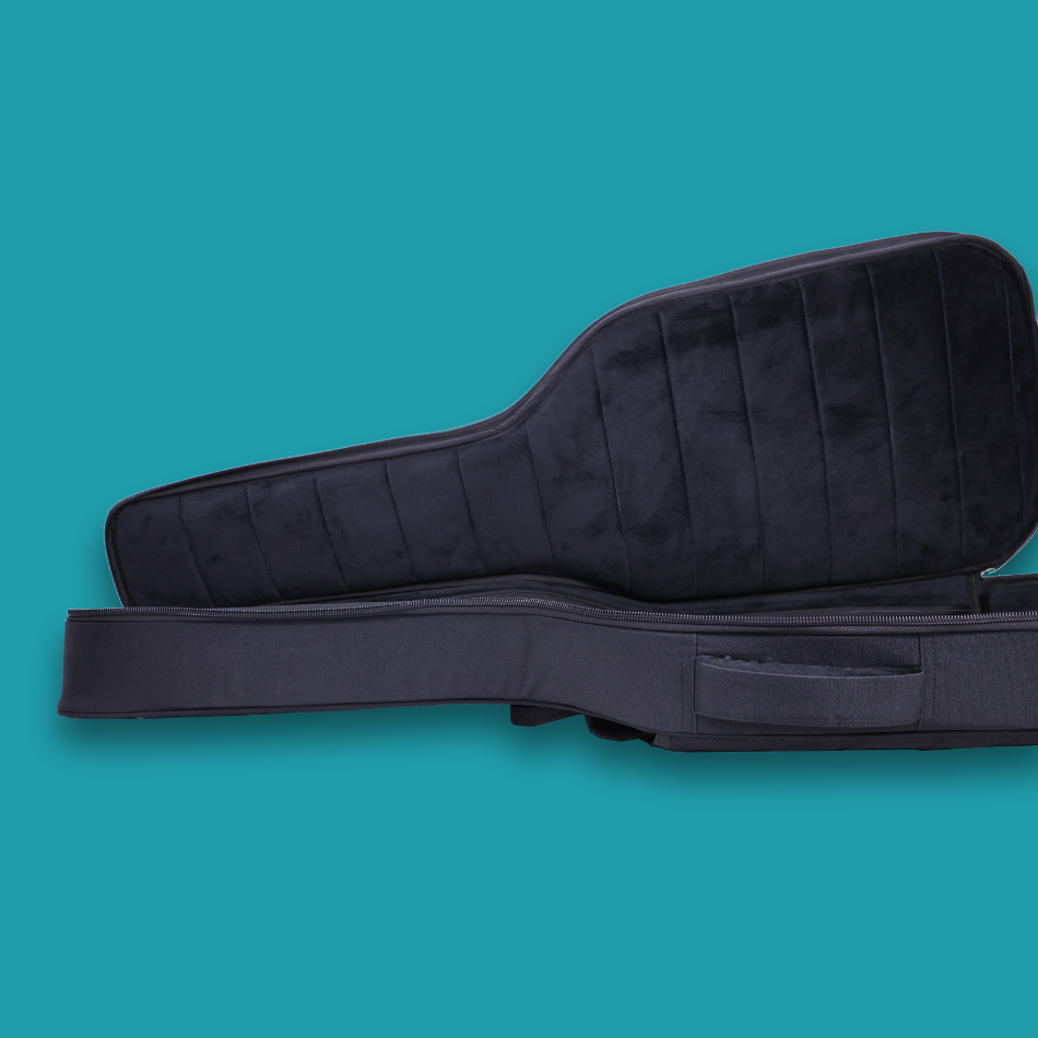 A side view of open electric guitar case with soft cushion padding inside and carry handle.